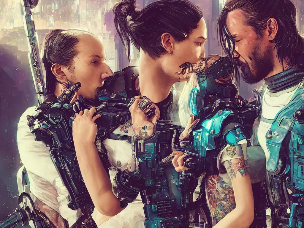 Image similar to a cyberpunk 2077 srcreenshot wedding couple portrait of a Keanu Reeves and a female android final kiss,love,film lighting,by Laurie Greasley,Lawrence Alma-Tadema,Dan Mumford,John Wick,Speed,Replicas,artstation,deviantart,FAN ART,full of color,Digital painting,face enhance,highly detailed,8K,octane,golden ratio,cinematic lighting