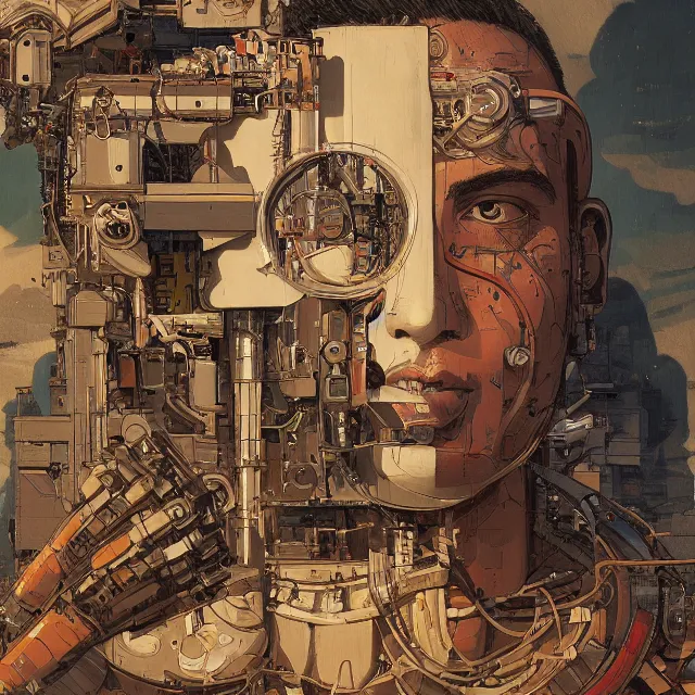 Image similar to robot artist painting a self - portrait on a canvas. intricate, highly detailed, digital matte painting, in the style of alexandros pyromallis, and in the style of sachin teng, and in the style of hans thoma, and in the style of siegfried reinhardt. irony, recursion, inspiration.