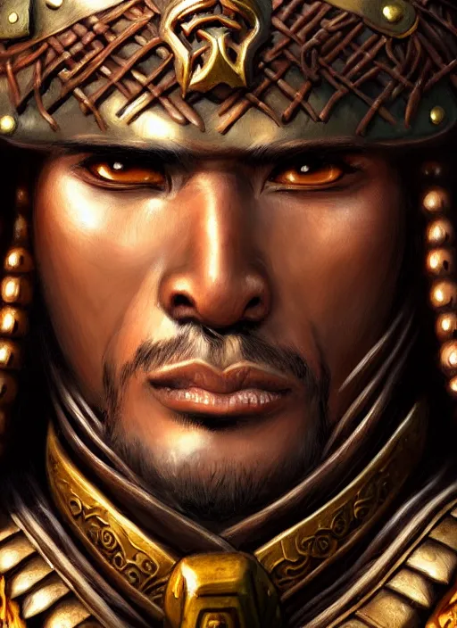 Image similar to smart tai warlord, closeup portrait, historical, ethnic group, traditional tai costume, bronze headset, fantasy, intricate, with leather armor cross onbare chest, elegant, loin cloth, highly detailed, oill painting, artstation, concept art, matte, sharp focus, illustration, hearthstone, art by earl norem