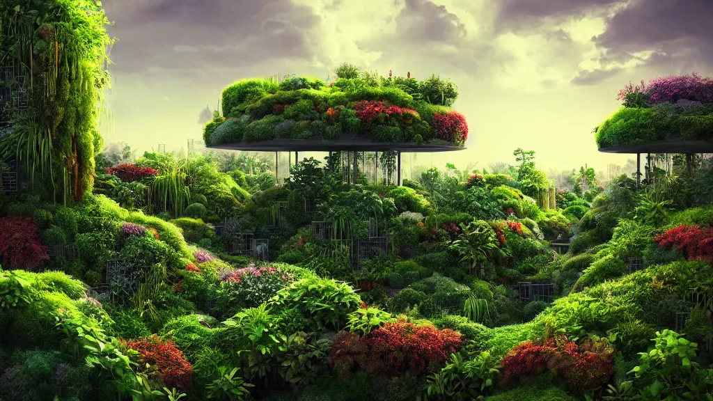 Image similar to babylon sky garden, rising series layered garden, shrubs and vines, dramatic lighting, epic composition, wide angle, wild breathing, jonas drow and beeple and studio ghibli style, in artstation hdr, wild breathing, c 4 d rendering