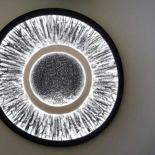 Image similar to rigorous fresco by genndy tartakovsky. a beautiful kinetic sculpture of a black hole. this hole appears to be a portal to another dimension or reality, & it is emitting a bright, white light. there are also stars & other celestial objects around it.