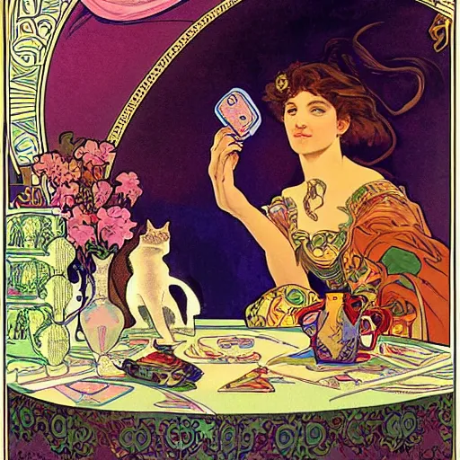 Prompt: Caucasian fortune teller lady with curly hair, a spread of tarot cards on a table, cats on her side, in a colorful tent, Alphonse Mucha poster ,