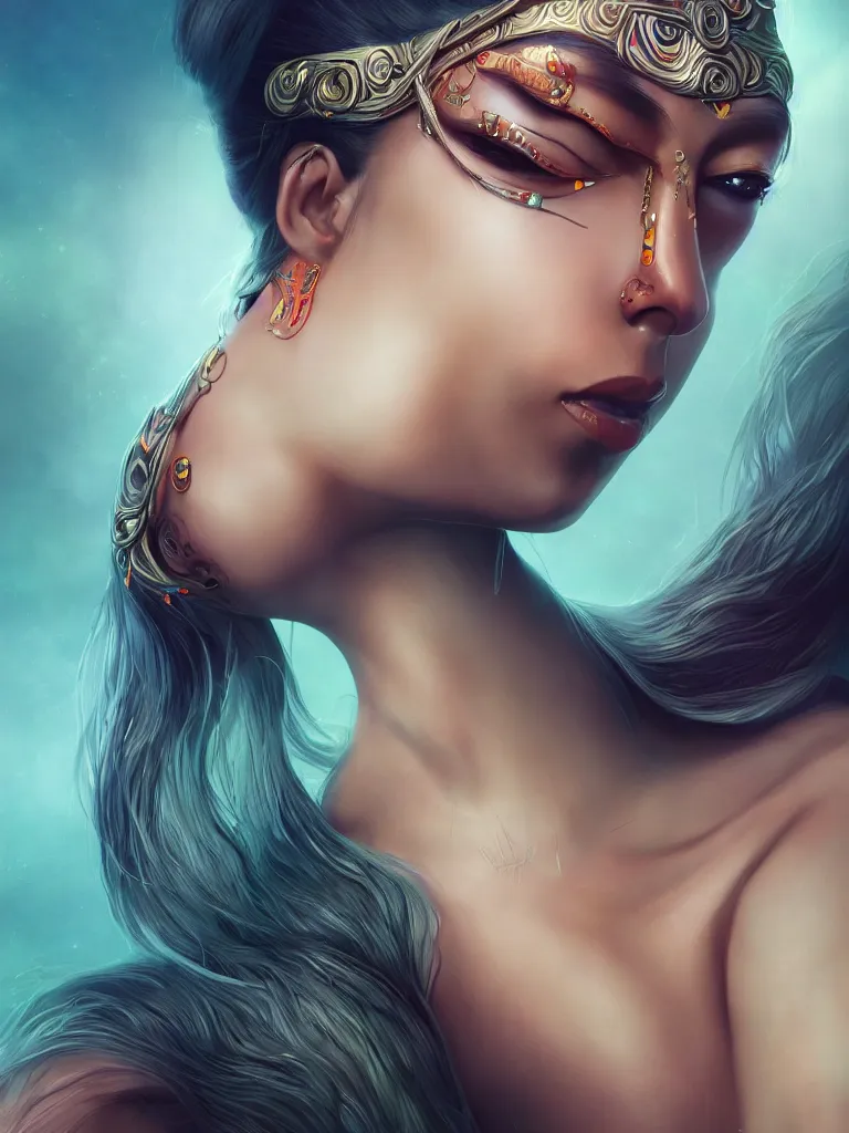 Prompt: a centered render of an alluring tribal goddess, full body, gorgeous face, perfect face, powerful, by anna dittmann, 3 d, trending on artstation, octane render, 8 k