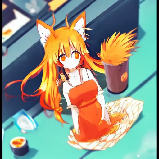 Prompt: senko-san anime kitsune foxgirl drinks beer trending on pixiv orange hair orange tail