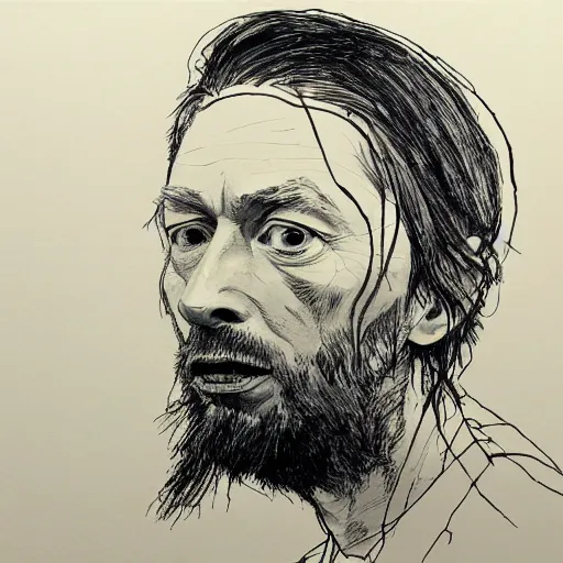 Image similar to a realistic yet scraggly portrait sketch of the side profile of a stern and sophisticated thom yorke, trending on artstation, intricate details, in the style of frank auerbach, in the style of sergio aragones, in the style of martin ansin, in the style of david aja, in the style of mattias adolfsson