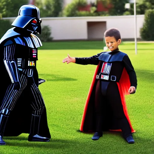Prompt: Darth Vader playing soccer together with Elmo and Freddy Krueger