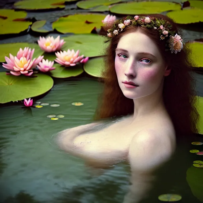 Image similar to Kodak Portra 400, 8K, soft light, volumetric lighting, highly detailed, britt marling style 3/4 ,portrait photo of a beautiful woman how pre-Raphaelites painter, the face emerges from the water of a pond with water lilies, inspired by Julie Dillon , a beautiful lace dress and hair are intricate with highly detailed realistic beautiful flowers , Realistic, Refined, Highly Detailed, natural outdoor soft pastel lighting colors scheme, outdoor fine art photography, Hyper realistic, photo realistic