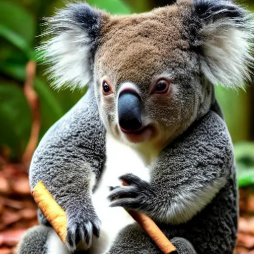 Prompt: photo of koala with lit cigar in mouth, smoking