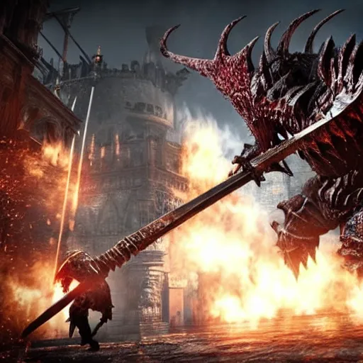 Prompt: screenshot from darksouls 3 of a giant monster wielding a Warhammer