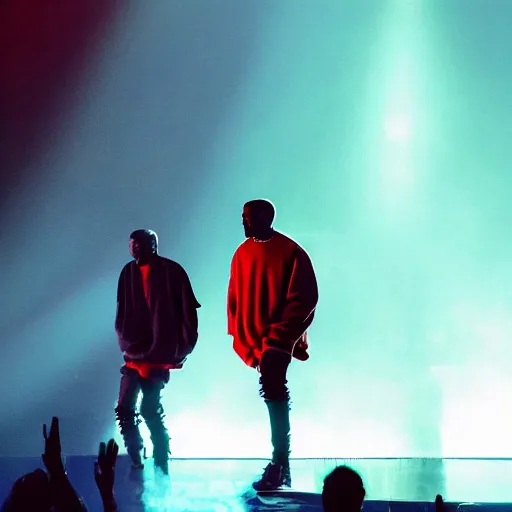 Prompt: a photo of kanye west and lil baby performing at the grammys wearing trenchcoats, dramatic, ektachrome, vintage, wide angle, warm color palette, light mode, 2. 5 - dimensional, 1 6 k, ultra - hd, megapixel, cga, rays of shimmering light, mist, screen space reflections