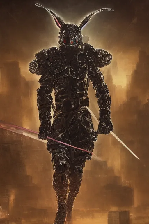 Prompt: ultra realist and ultra intricate detailed soft painting of a ninja cyberwarrior rabbit dual weld glowing katanas, symmetry features, sensual gloomy style, volumetric clouds, cyberpunk background, artstation, unreal render, depth of field