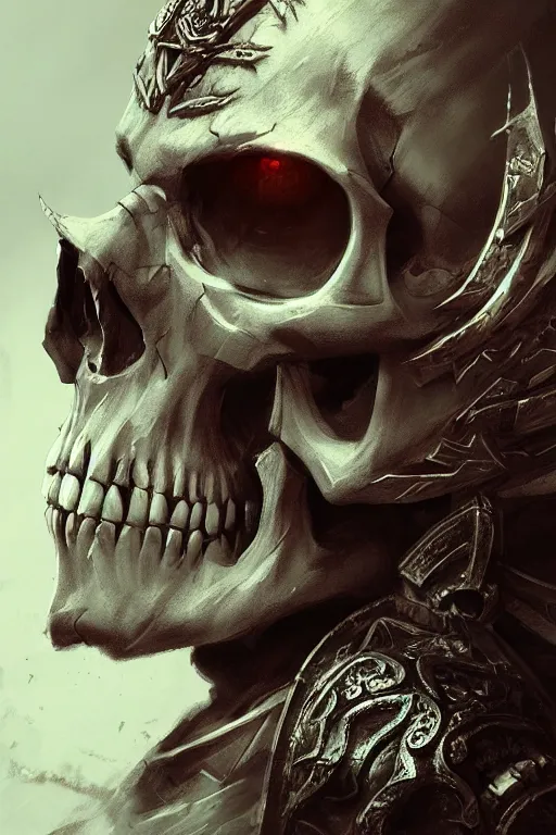 Image similar to concept art skull warrior, close - up portrait, powerfull, intricate, elegant, volumetric lighting, scenery, digital painting, highly detailed, artstation, sharp focus, illustration, concept art, ruan jia, steve mccurry