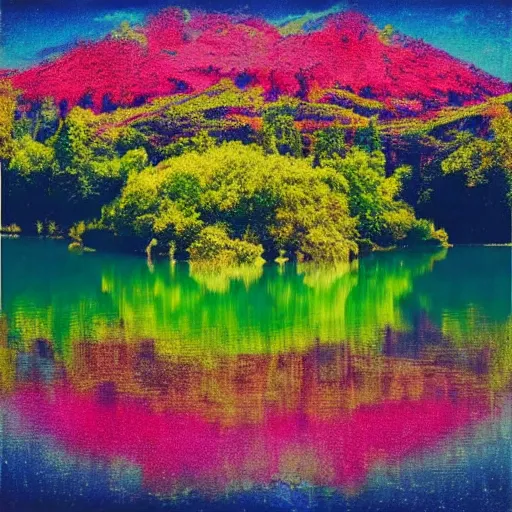 Image similar to a vintage album cover, photograph of a surreal lake surrounded by beautiful psychedelic flowers, symmetrical, ultra-realistic