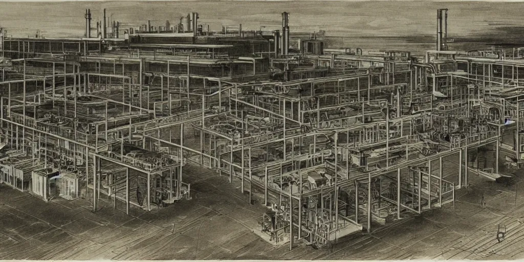 Image similar to painting of a meat processing plant, hariton pushwagner