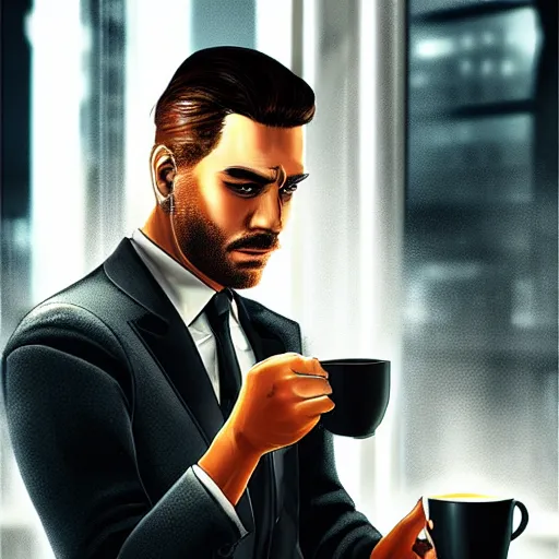 Image similar to portrait of a handsome CEO having a cup of coffee. cyberpunk style, digital art artstation cgsociety