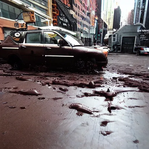 Image similar to tsunami of liquid chocolate on new york, post apocalyptic, cinematic