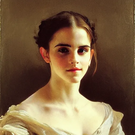 Image similar to Portrait of Emma Watson, by William Adolphe Bouguereau, John Singer Sargent, Vermeer, serene