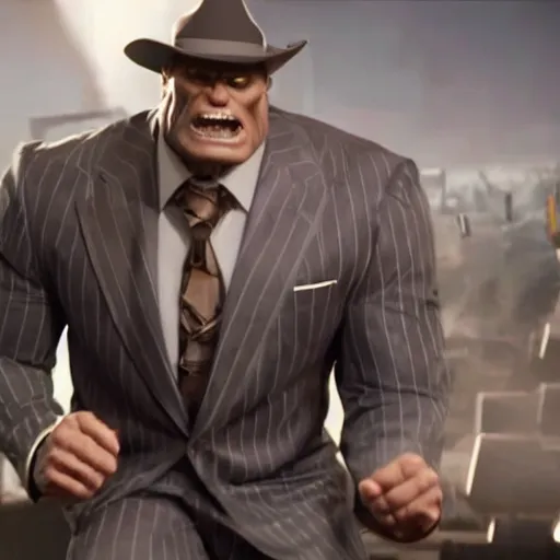 Image similar to a still of Joe Fixit Grey Hulk wearing a pinstripe suit and fedora appearing in Avengers: Infinity War