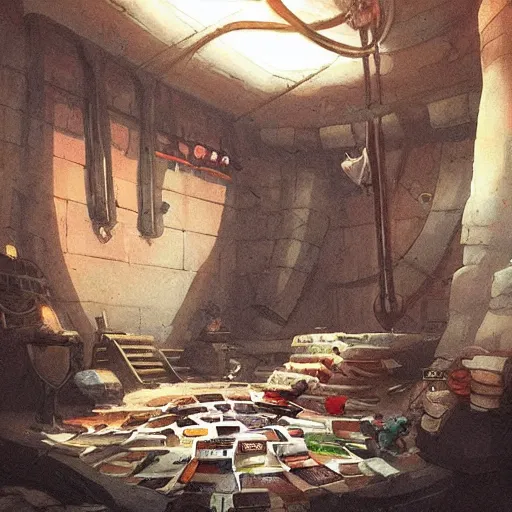 Prompt: A room inside of a sewer lair its neat and clean has a stack on comics on the floor and a sword rack over the bed,Bed, digital art from artstation by Andreas Rocha and Greg Rutkowski and Peter Mohrbacher