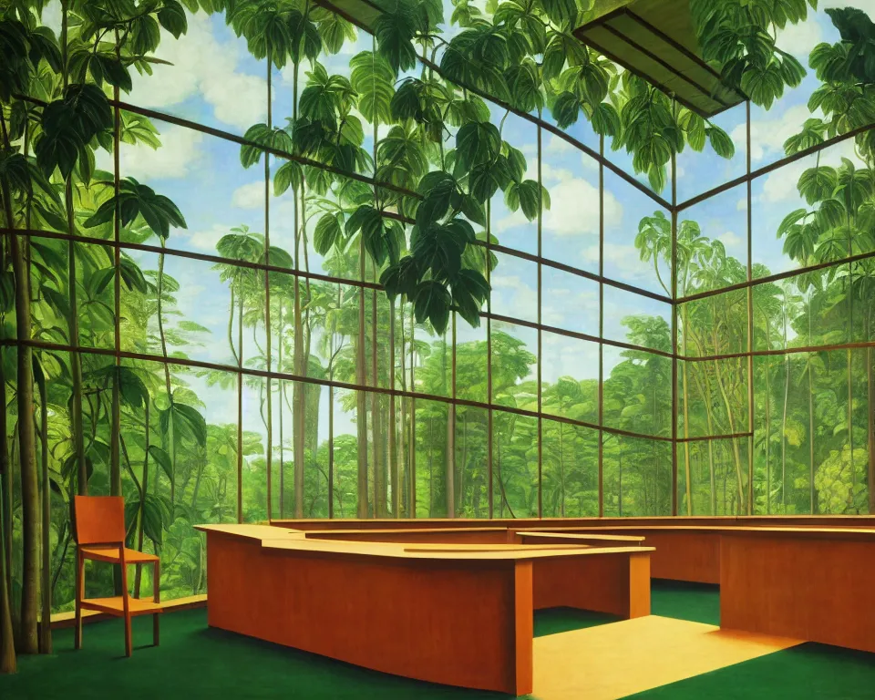 Prompt: a modernist courtroom in the rainforest by raphael, hopper, and rene magritte. detailed, proportional, romantic, vibrant, enchanting, achingly beautiful, graphic print, trending on artstation, jungle, tropical, foliage, flowering, blooming