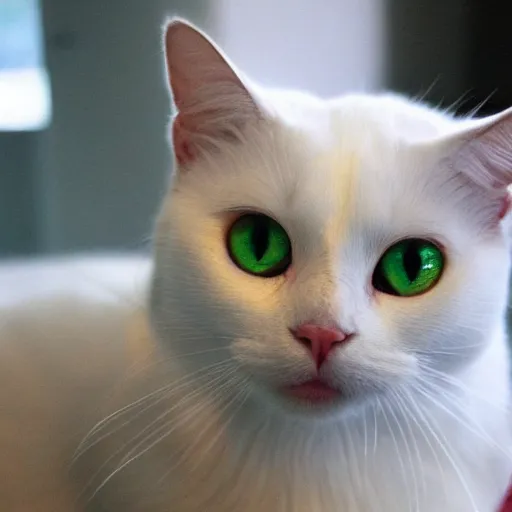 Prompt: [white cat, green eyes], left in the picture, [black cat, yellow eyes], right in the picture