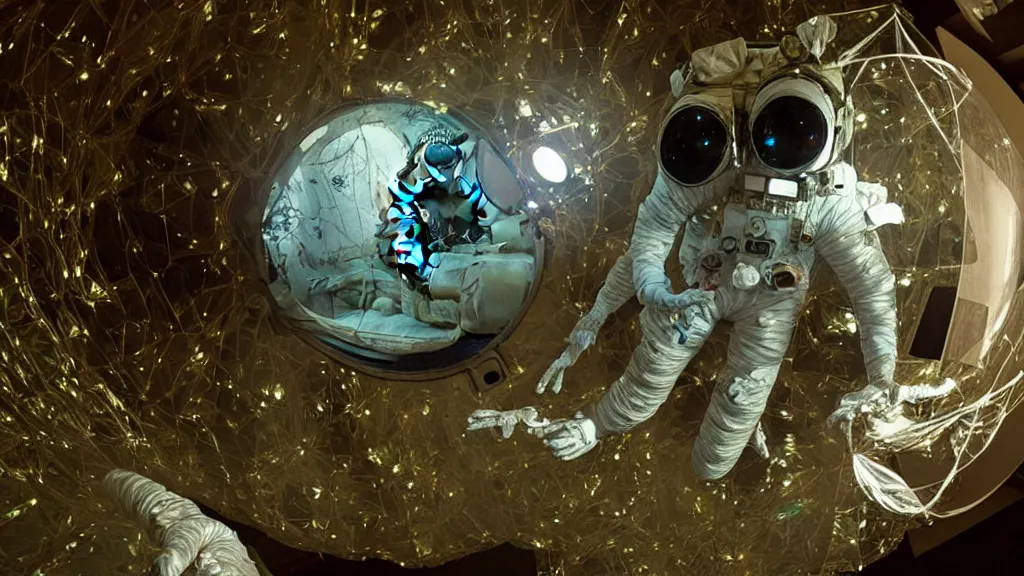 Image similar to a astronaut eva suit covered in diamond 3d fractal lace iridescent bubble 3d skin and covered with insectoid compound eye camera lenses floats through the living room, film still from the movie directed by Denis Villeneuve with art direction by Salvador Dalí, wide lens,