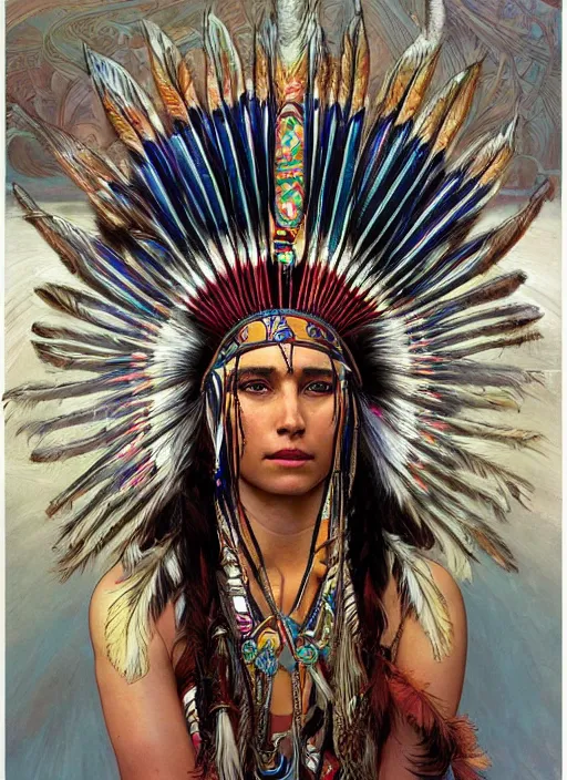 Image similar to beautiful native american woman wearing an elaborate headdress, intricate, elegant, highly detailed, centered, digital painting, artstation, concept art, smooth, sharp focus, illustration, art by android jones and donato giancola and alphonse mucha