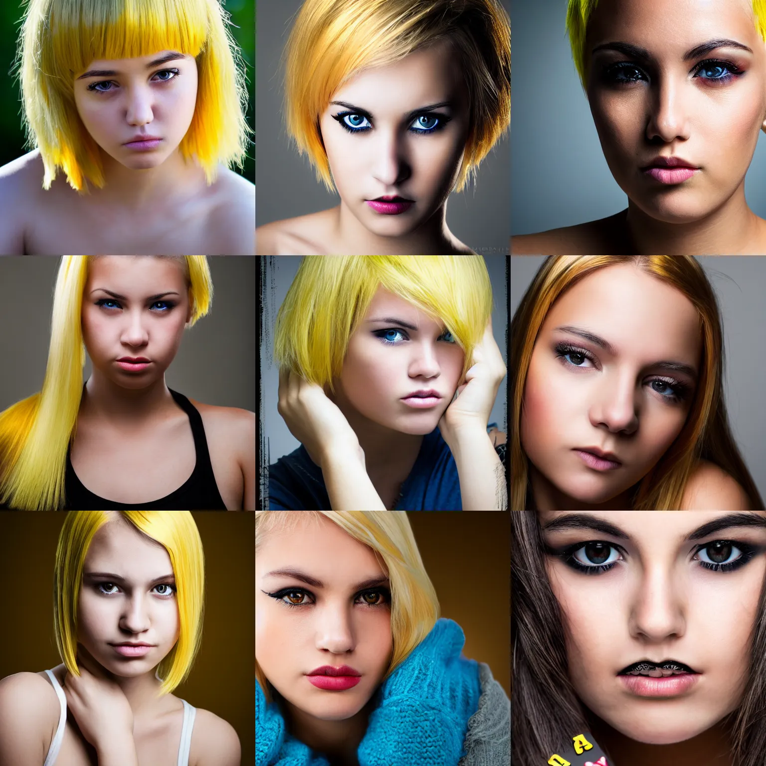 Prompt: young woman face - short yellow hair, brown eyes, poker face, 1 3 5 mm nikon portrait