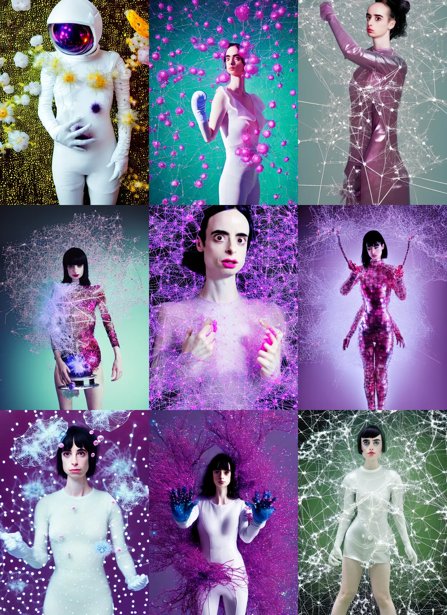 Prompt: hyper render - kawaii portrait ( space suit, chrome, porcelain forcefield, krysten ritter ) punching in network berry and her delicate hands hold gossamer polyp fungal flowers, dress, ryden, odilon, borg