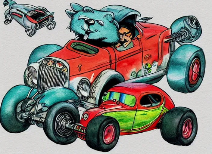 Image similar to funny, racoon riding in a tiny hot rod coupe with oversized engine, ratfink style by ed roth, centered award winning watercolor pen illustration, by chihiro iwasaki, edited by range murata