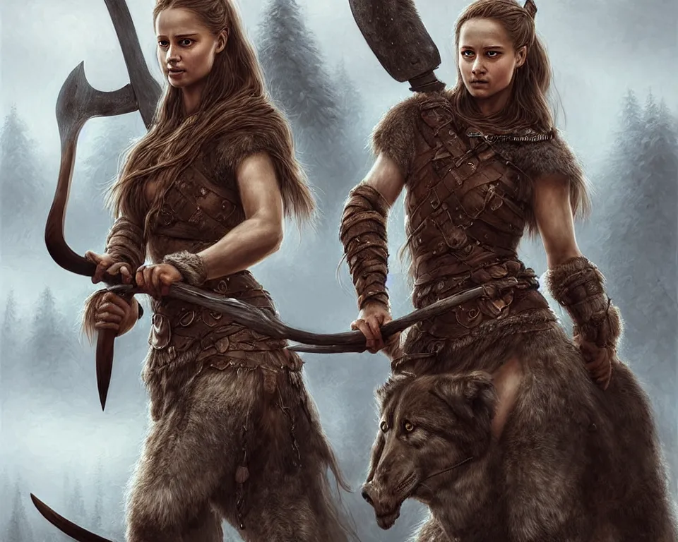 Prompt: gorgeous!! hyper - realistic woman resembling alicia vikander as a battle - worn viking warrior wielding a giant axe, accompanied by a dire wolf | intricate, highly detailed, digital painting, character design, character concept art | drawn by wlop, drawn by jeehyung lee, drawn by artgerm, drawn by peter kemp