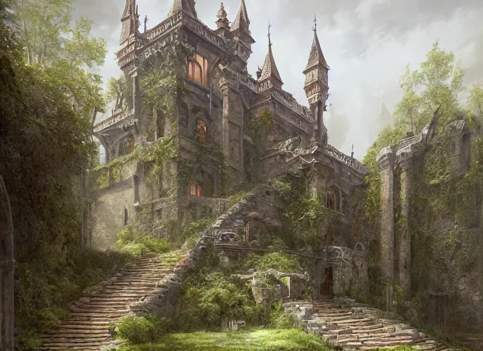 Prompt: a painting of an overgrown castle with stairs leading up to it, a detailed matte painting by edwin deakin, cgsociety, gothic art, matte painting, concept art, matte drawing