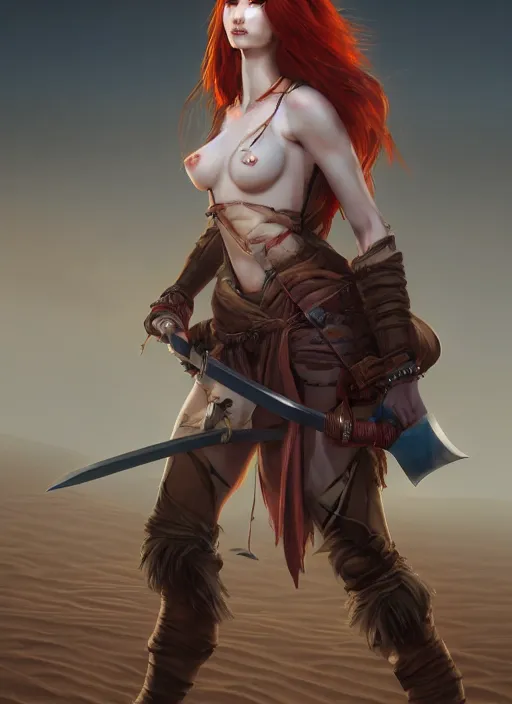 Image similar to Redhead girl which chest wrapped in bandages with katana in desert, fantasy, medieval, vivid colors, fantasy, elegant, concept art, sharp focus, beautiful face, digital art, Hyper-realistic, 4K, Unreal Engine, Highly Detailed, HD, Dramatic Lighting by Brom, trending on Artstation