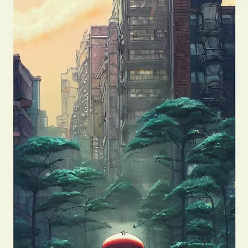 Prompt: a beautiful movie still in the style of Studio Ghibli anime showing a giant alien creature flying through a post-apocalyptic New York City overrun with vegetation. Studio Ghibli, trending on artstation, trending on behance