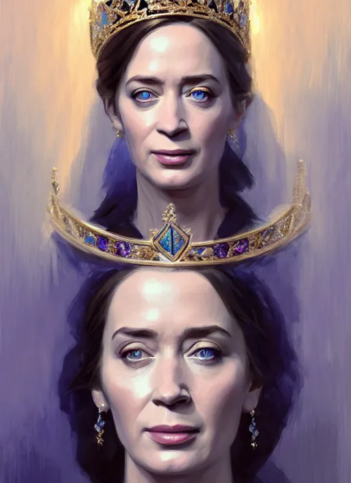 Image similar to portrait of emily blunt as queen, jewelry, greek, silk, sapphire, victorian age, 1 8 9 0, intricate, headshot, key visual, conceptart, ambient lighting, highly detailed, digital painting, artstation, concept art, sharp focus, by makoto shinkai and akihiko yoshida and greg manchess