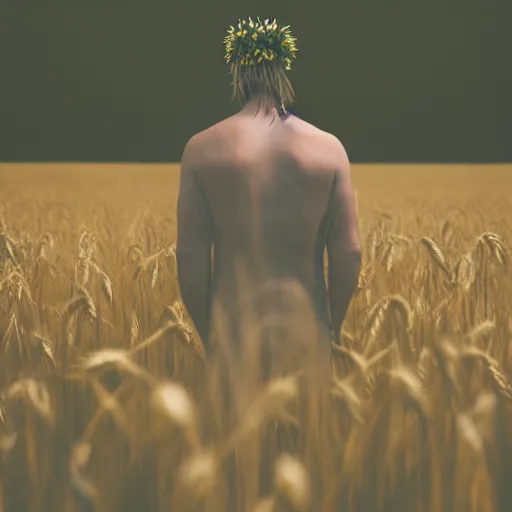 Image similar to kodak portra 4 0 0 photograph of a skinny blonde guy standing in field of wheat emitting psychic powers, back view, flower crown, moody lighting, telephoto, 9 0 s vibe, blurry background, vaporwave colors, faded!,
