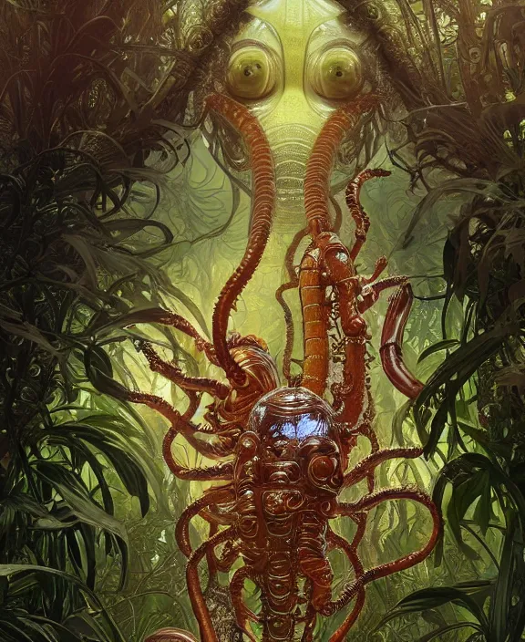 Image similar to intricate ornate opulent transparent clear see - through portrait of a terrifying ugly male alien centipede, mottled coloring, adorable, childlike, overgrown jungle environment, ultra realistic, concept art, art nouveau, photorealistic, octane render, 8 k, unreal engine. art by christopher marley and artgerm and greg rutkowski and alphonse mucha