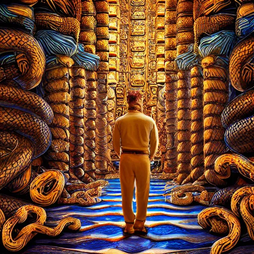 Image similar to !dream Photorealistic man standing inside a temple made of snakes. Hyperdetailed photorealism, 108 megapixels, amazing depth, glowing rich colors, powerful imagery, psychedelic Overtones