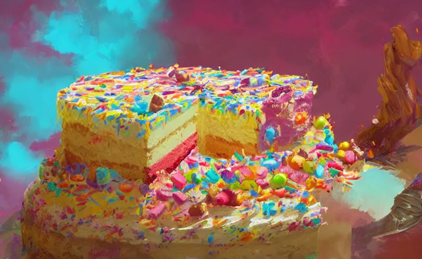 Prompt: a colorful digital painting of a cake with lots of sweets on it, by greg rutkowski and james gurney, trending on artstation