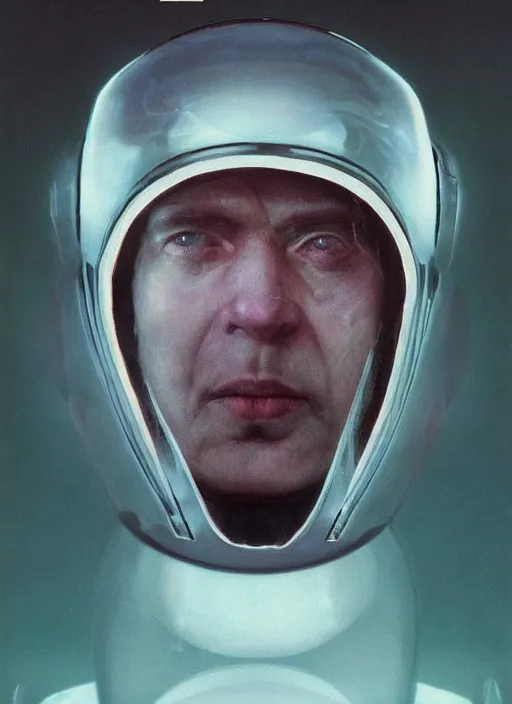 Prompt: beautiful extreme closeup portrait photo in style of frontiers in helmet Helmets of Emperor Charles V the Wise, faint iridescent sheen , science fashion magazine September retrofuturism edition, highly detailed, soft lighting, elegant , lighting, 35mm , Edward Hopper and James Gilleard, Zdzislaw Beksinski, Steven Outram, highly detailed