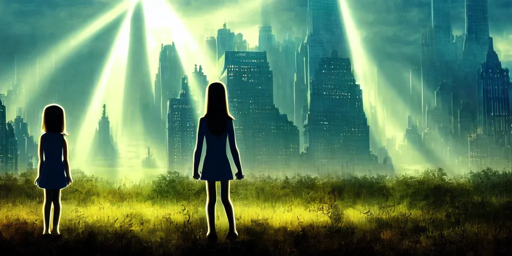 Prompt: sci - fi scene future new york cityscape, orphaned girl in manhattan holding the outstretched hand of an iron giant robot, forest punk, crepuscular rays, epic scene, hyper realistic, photo realistic, overgrowth, cinematic atmosphere, ethereal lighting,