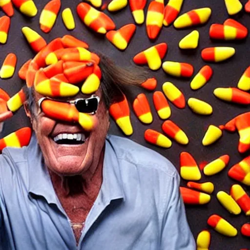 Image similar to jack nicholson maniacally eating fists full of candy corn while in a whole room full of candy corn