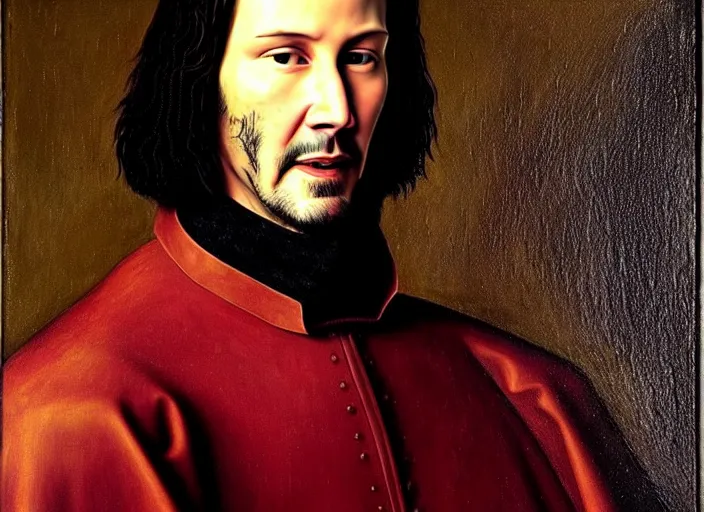 Image similar to portrait of keanu reeves, oil painting by jan van eyck, northern renaissance art, oil on canvas, wet - on - wet technique, realistic, expressive emotions, intricate textures, illusionistic detail