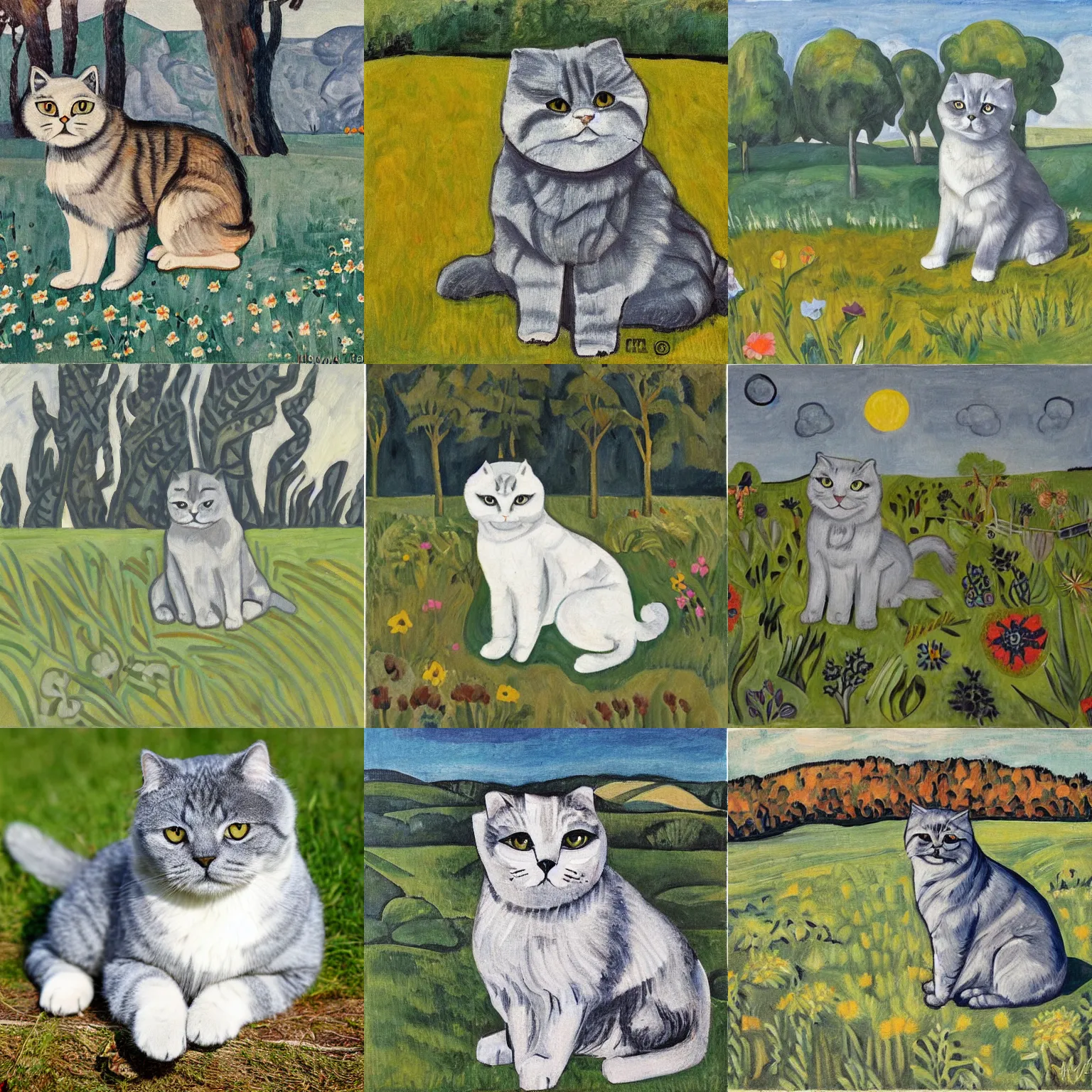 Prompt: a gray scottish fold sitting in the middle of sunny meadow, by natalia goncharova