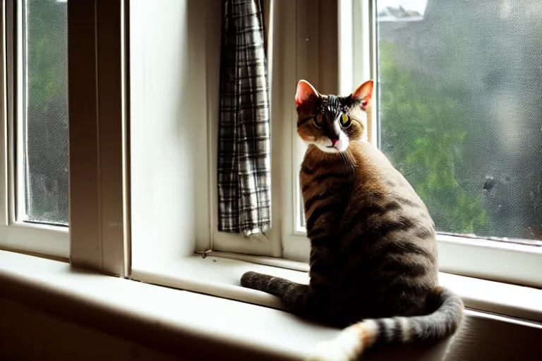 Image similar to cat sitting on the windowsill wrapped in a plaid plaid, Mushroom cloud far behind