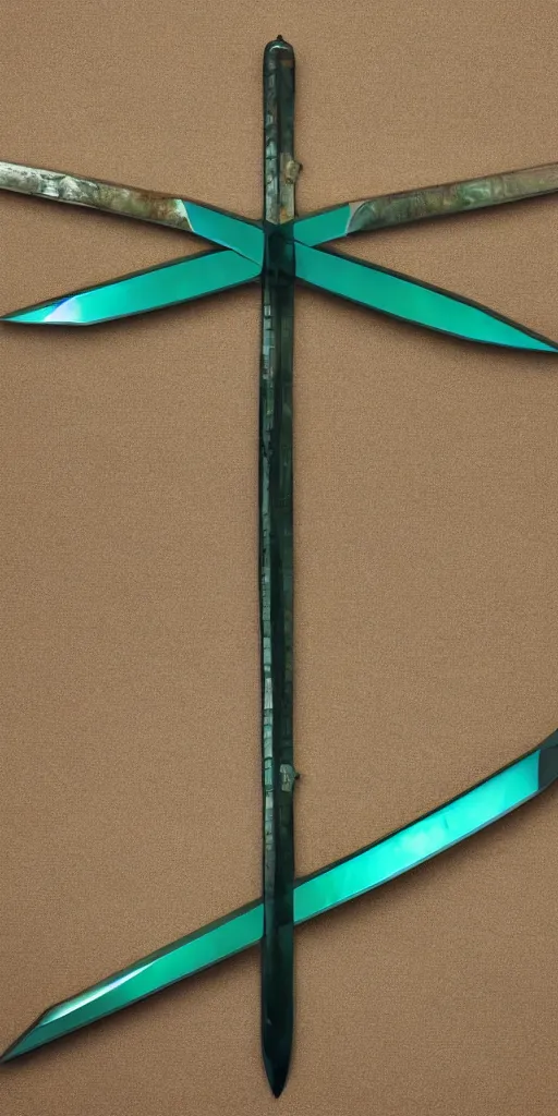 Image similar to photograph of a wide green and teal crystal sword blade attached to a big gold sword hilt