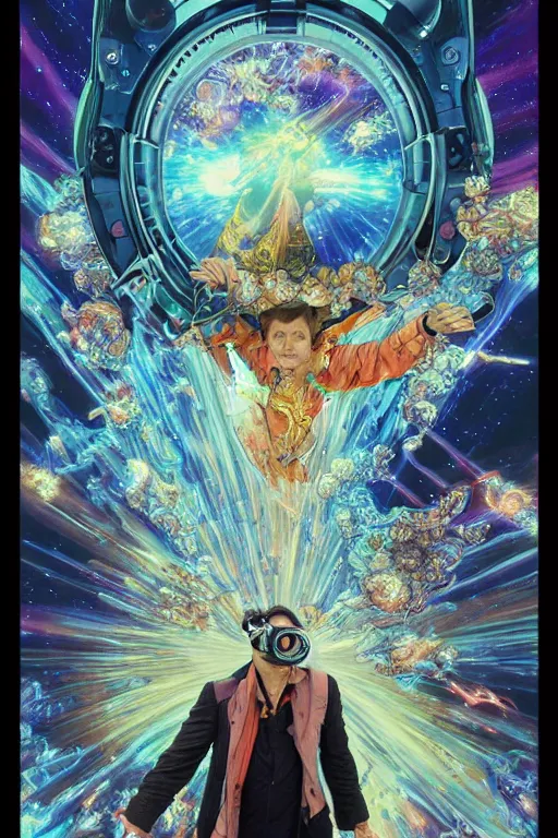 Prompt: jim carrey wearing a magic leap headset emerging from a stargate, by artgerm and yoshitaka amano and moebius and alphonse mucha, hyperdetailed, dc comics, ornate, nebula, explosions in the sky, trending on artstation