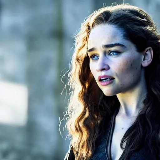 Image similar to a woman who is a genetic combination of 4 women : emilia clarke and jennifer lawrence and emily rudd and taylor swift, medium shot, detailed eyes,