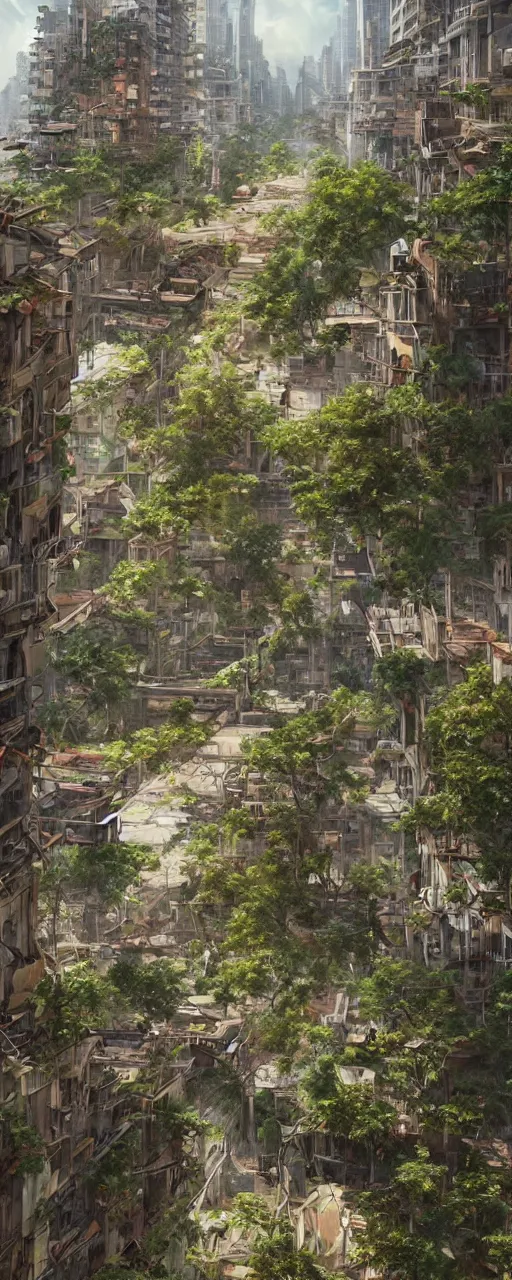 Prompt: a sprawling city landscape in an abandoned east asian country, vines and weeds growing from the apartment buildings, plants sprouting from the concrete, intricate, elegant, highly detailed, digital painting, artstation, concept art, smooth, sharp focus, illustration, art by artgerm and greg rutkowski and alphonse mucha