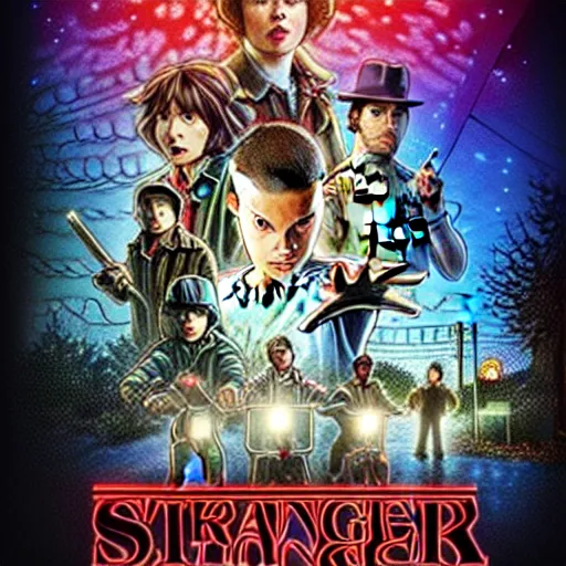 Prompt: stranger things poster style, low poly, anime style, dark lines